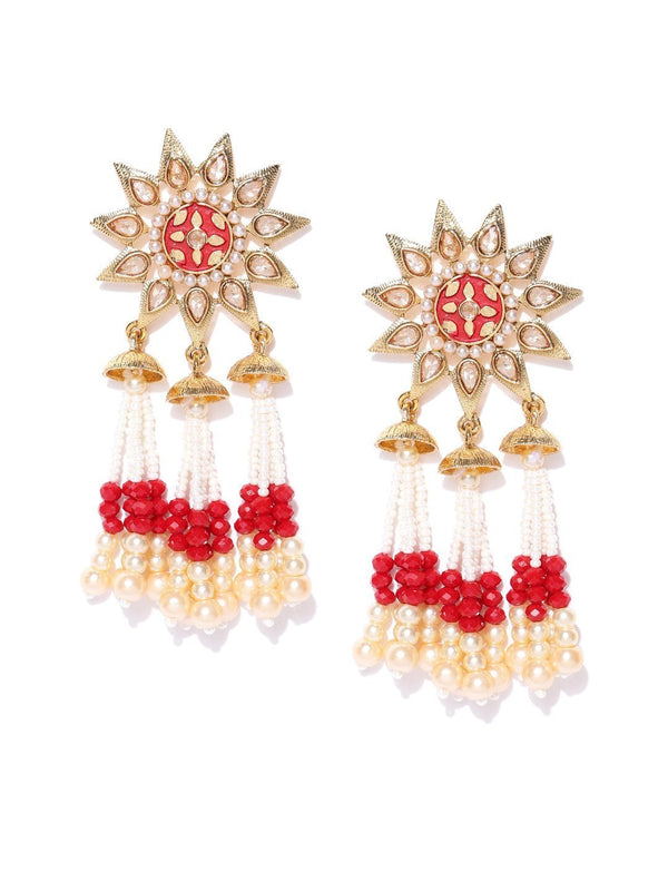 Women's Floral Gold Plated Maroon Drop Earrings With Hanging Beads And Pearls For Women - Priyaasi