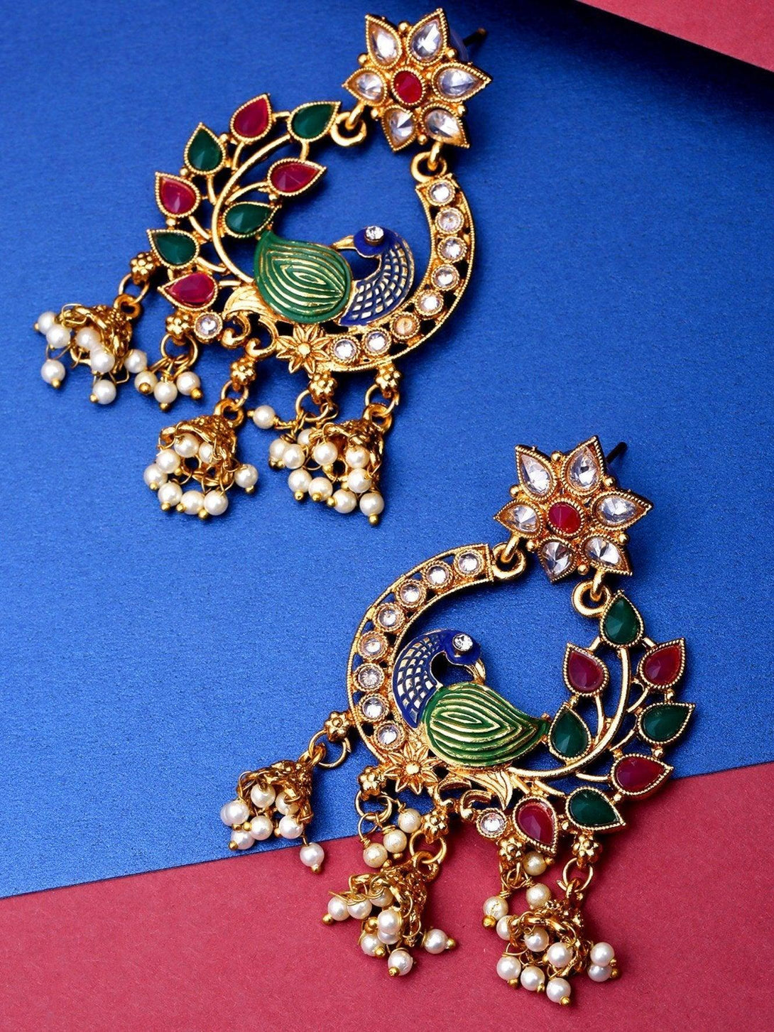 Women's Floral Gold Plated Peacock Inspired Multicolour Stones Earrings For Women - Priyaasi - Indiakreations