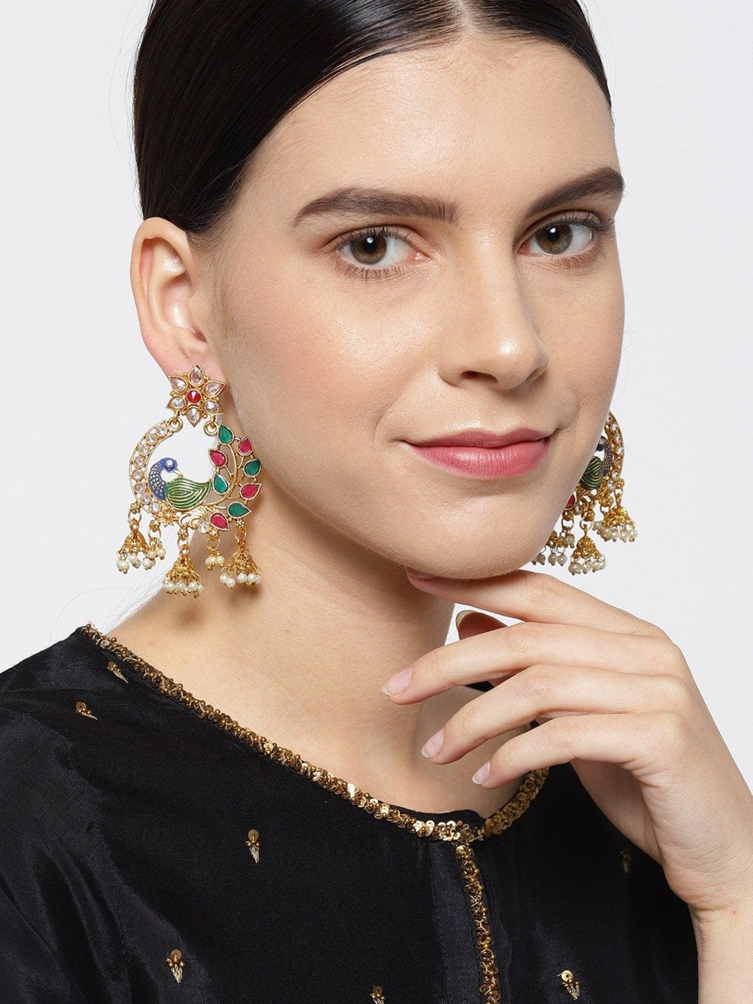 Women's Floral Gold Plated Peacock Inspired Multicolour Stones Earrings For Women - Priyaasi - Indiakreations