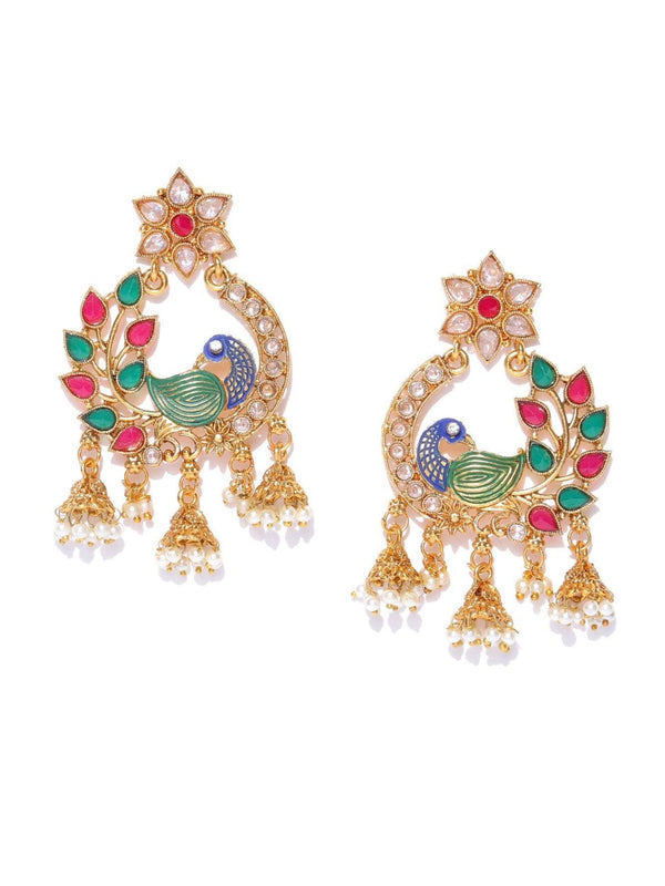 Women's Floral Gold Plated Peacock Inspired Multicolour Stones Earrings For Women - Priyaasi - Indiakreations