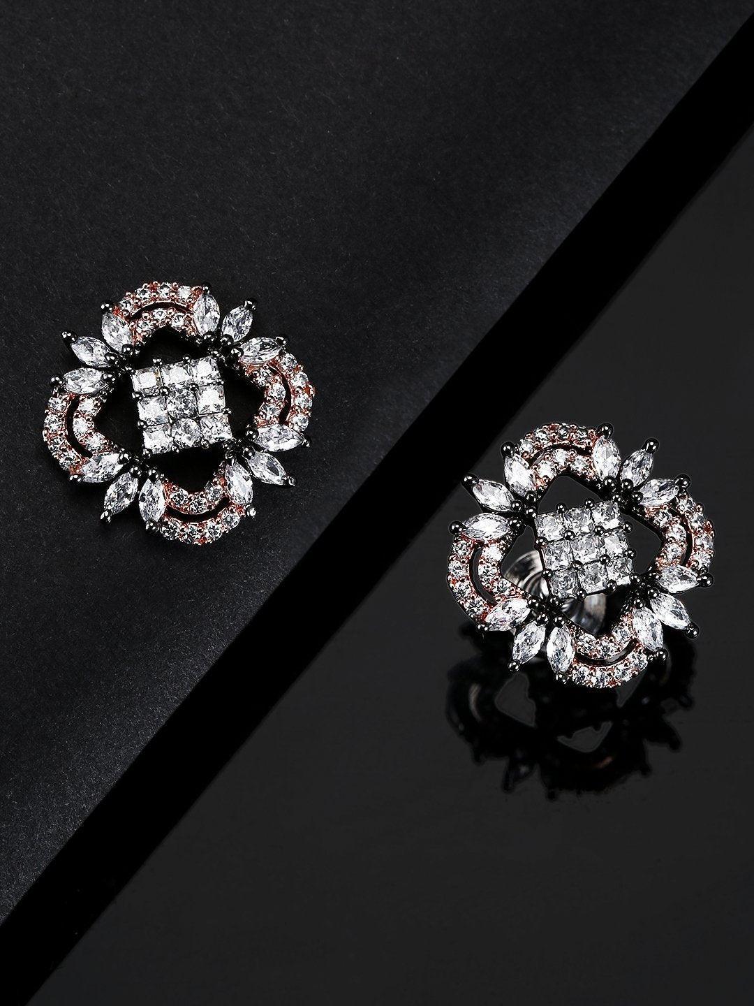 Women's Gunmetal-Plated American Diamond Studded Stud Earrings - Priyaasi - Indiakreations