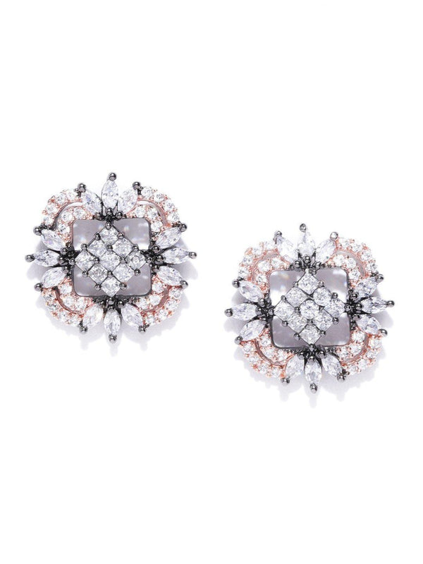 Women's Gunmetal-Plated American Diamond Studded Stud Earrings - Priyaasi - Indiakreations