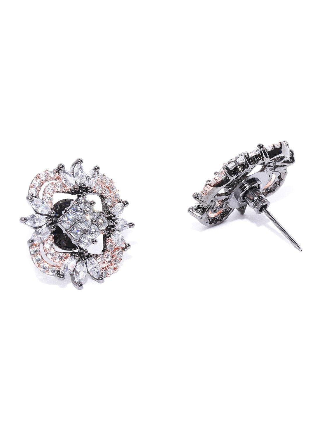 Women's Gunmetal-Plated American Diamond Studded Stud Earrings - Priyaasi - Indiakreations