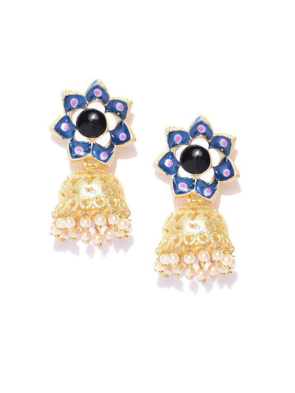 Women's Gold-Plated Floral Patterned Jhumka Earrings in Blue and Black Color with Pearls Drop - Priyaasi