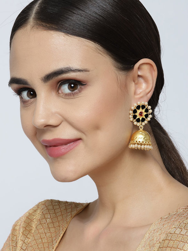 Women's Gold Plated Black Floral Design With Pearls Big Jhumki Like Drop Earrings - Priyaasi