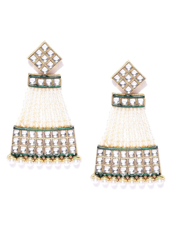 Women's Gold-Plated Kundan and Pearls Studded Drop Earrings - Priyaasi