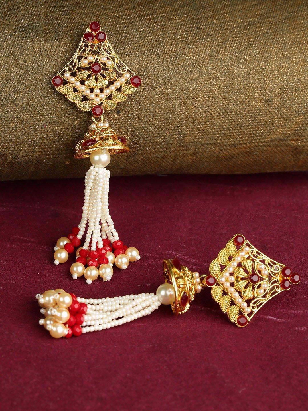 Women's Gold-Plated Pearls and Maroon Stones Studded Drop Earrings - Priyaasi - Indiakreations