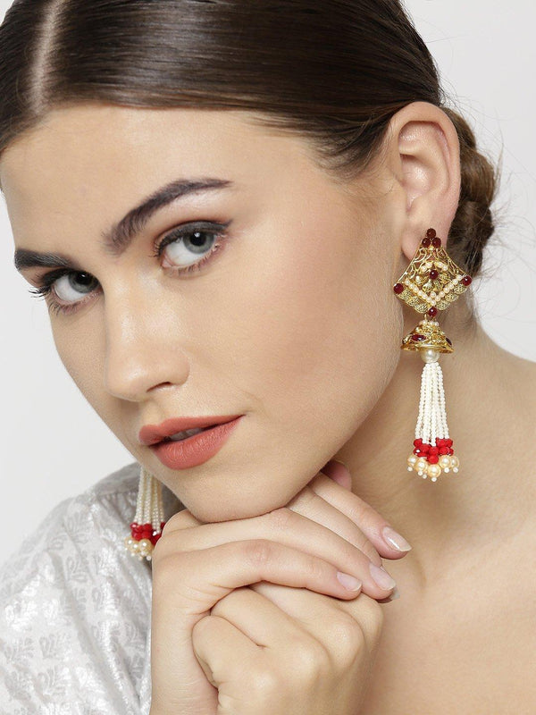 Women's Gold-Plated Pearls and Maroon Stones Studded Drop Earrings - Priyaasi - Indiakreations