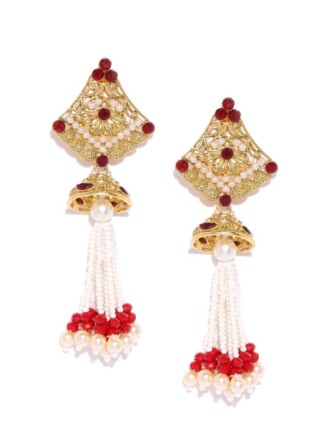 Women's Gold-Plated Pearls and Maroon Stones Studded Drop Earrings - Priyaasi - Indiakreations