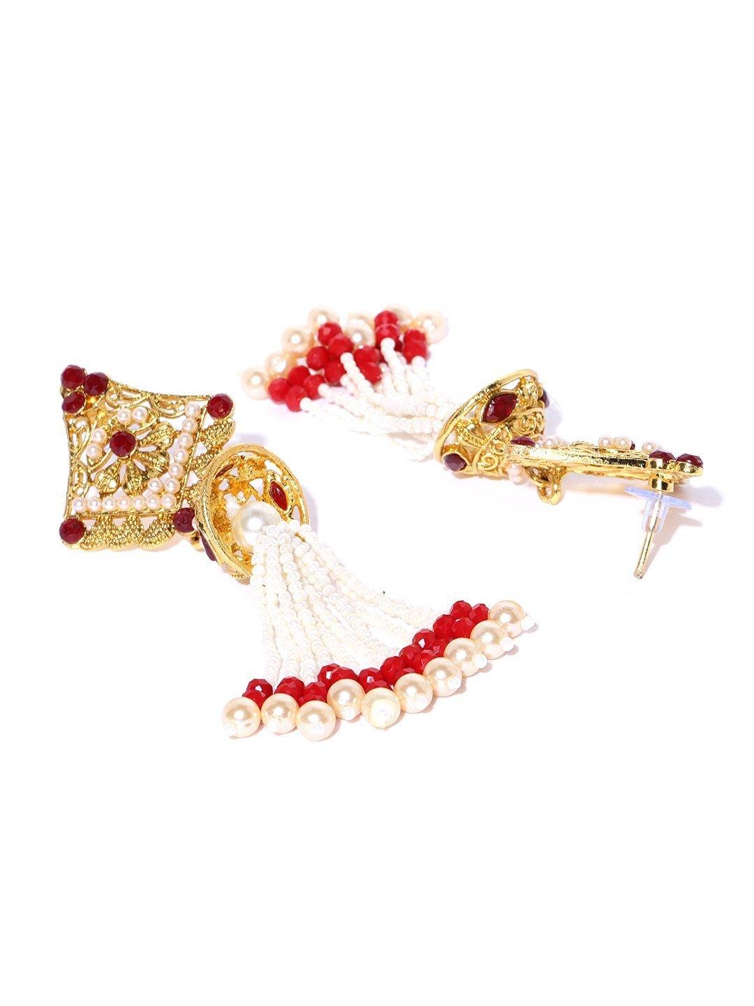 Women's Gold-Plated Pearls and Maroon Stones Studded Drop Earrings - Priyaasi - Indiakreations