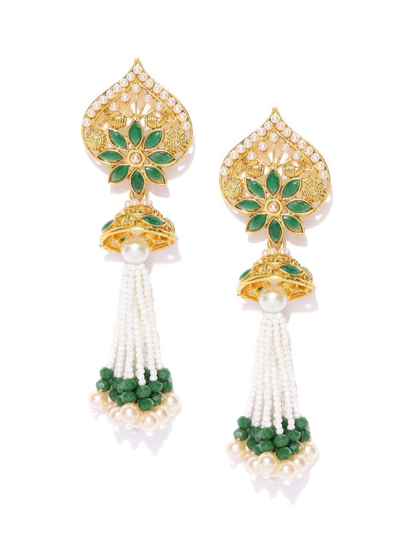 Women's Gold-Plated Pearls and Green Stones Studded Drop Earrings - Priyaasi