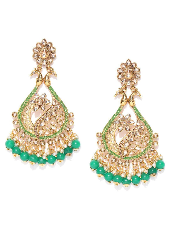 Women's Gold-Plated Stones Studded Peacock Inspired Drop Earrings with Green Beads Drop - Priyaasi