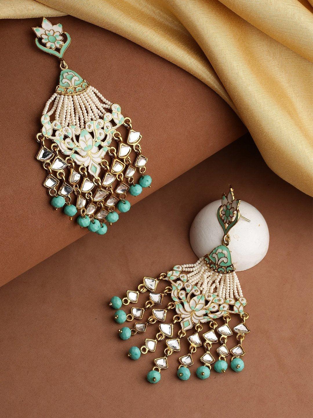 Women's Gold-Plated Kundan Studded Floral Patterned, Waterfall Earrings With Meenakari In Sea Green And White Color - Priyaasi - Indiakreations