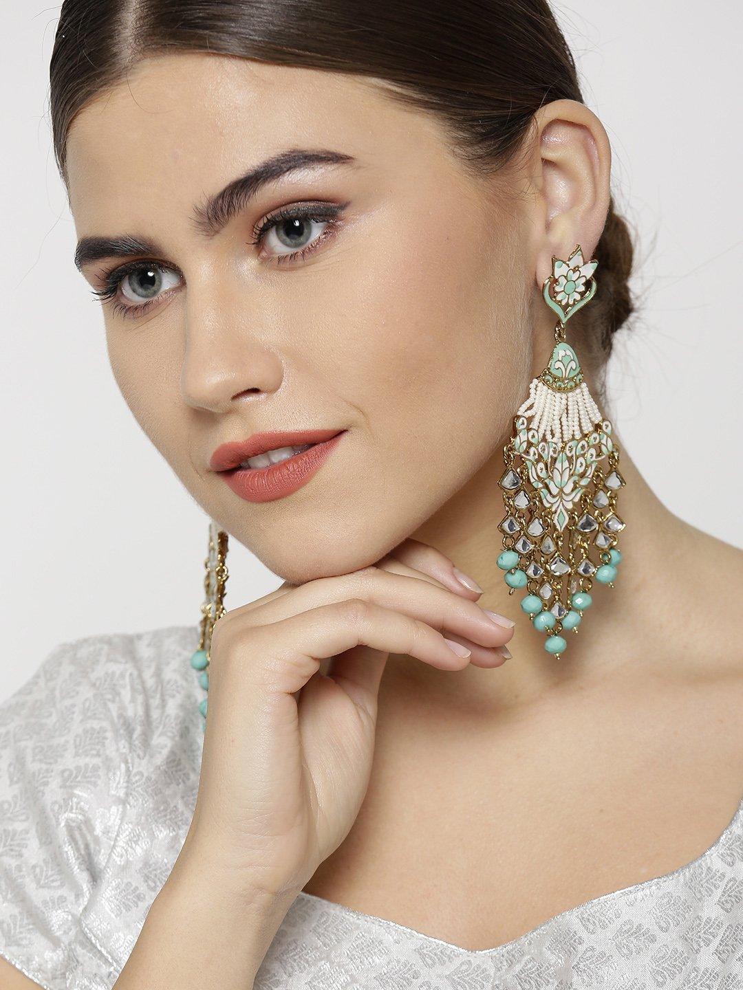 Women's Gold-Plated Kundan Studded Floral Patterned, Waterfall Earrings With Meenakari In Sea Green And White Color - Priyaasi - Indiakreations