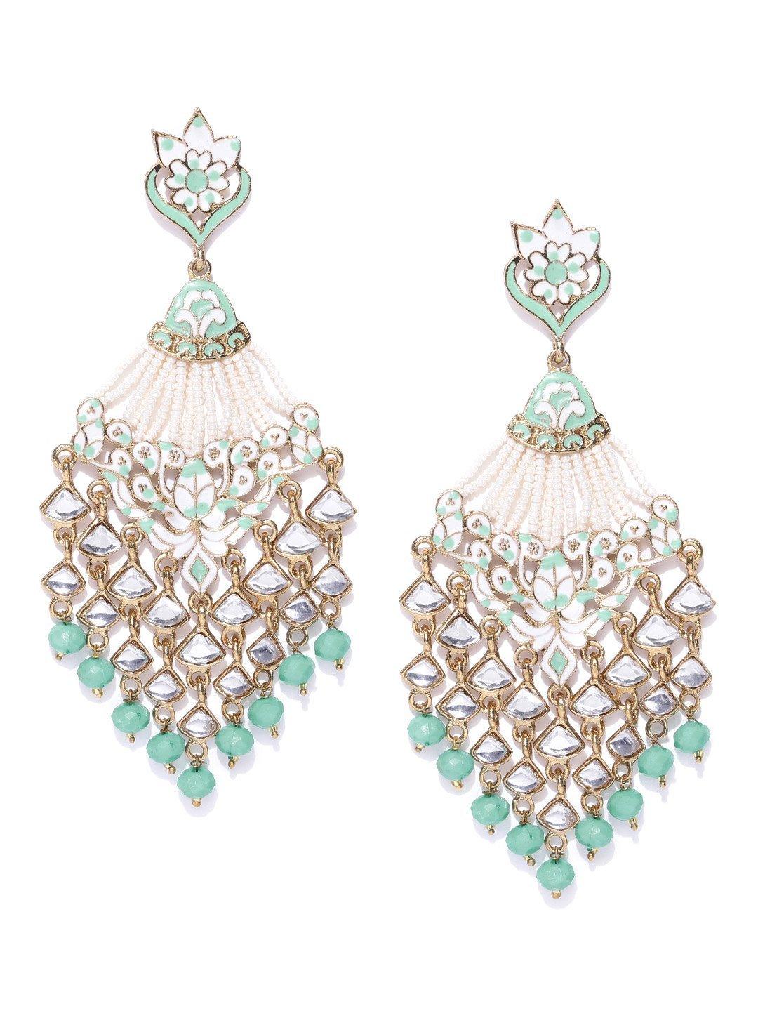 Women's Gold-Plated Kundan Studded Floral Patterned, Waterfall Earrings With Meenakari In Sea Green And White Color - Priyaasi - Indiakreations