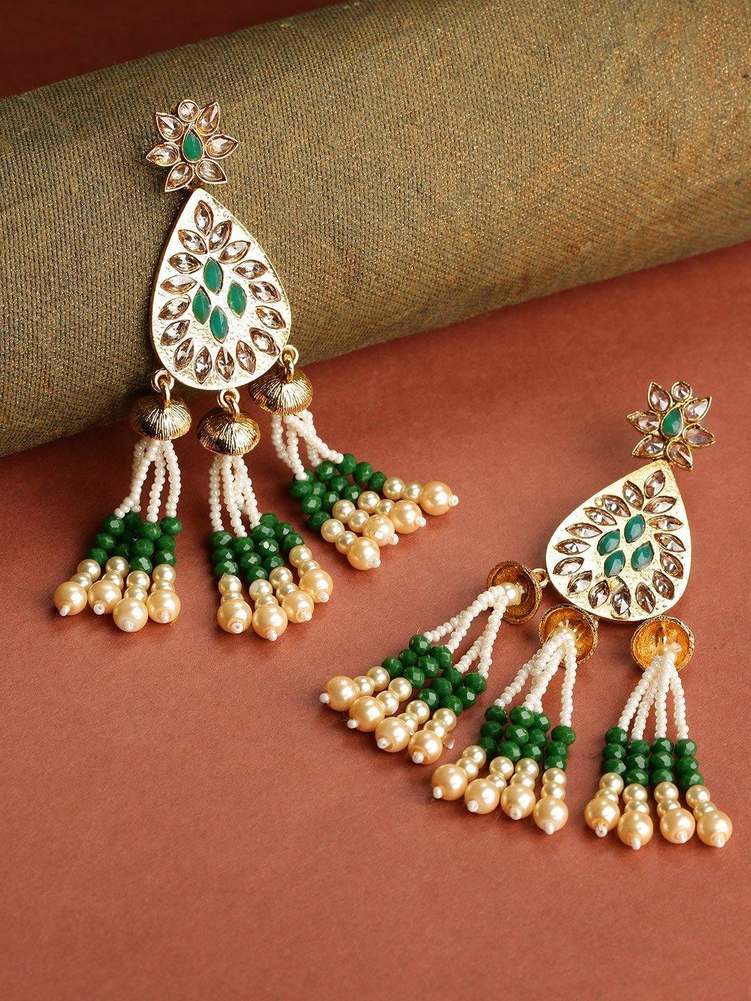 Women's Gold-Plated Stones Studded Beaded Tassel Earrings In Green Color - Priyaasi - Indiakreations