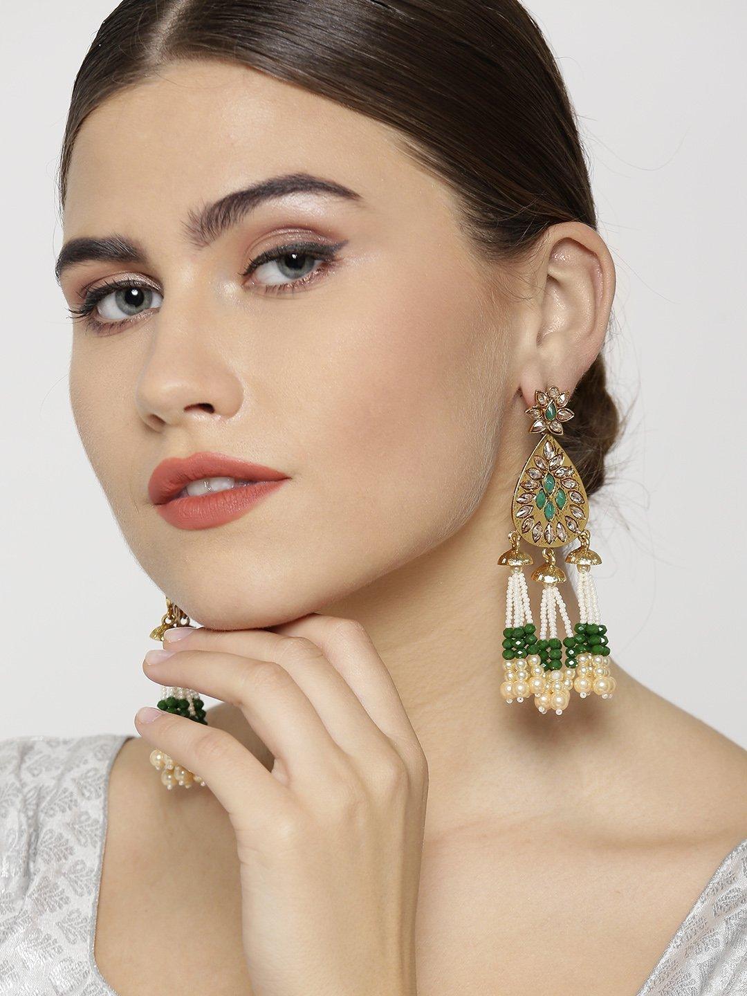 Women's Gold-Plated Stones Studded Beaded Tassel Earrings In Green Color - Priyaasi - Indiakreations