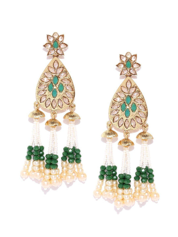 Women's Gold-Plated Stones Studded Beaded Tassel Earrings In Green Color - Priyaasi - Indiakreations