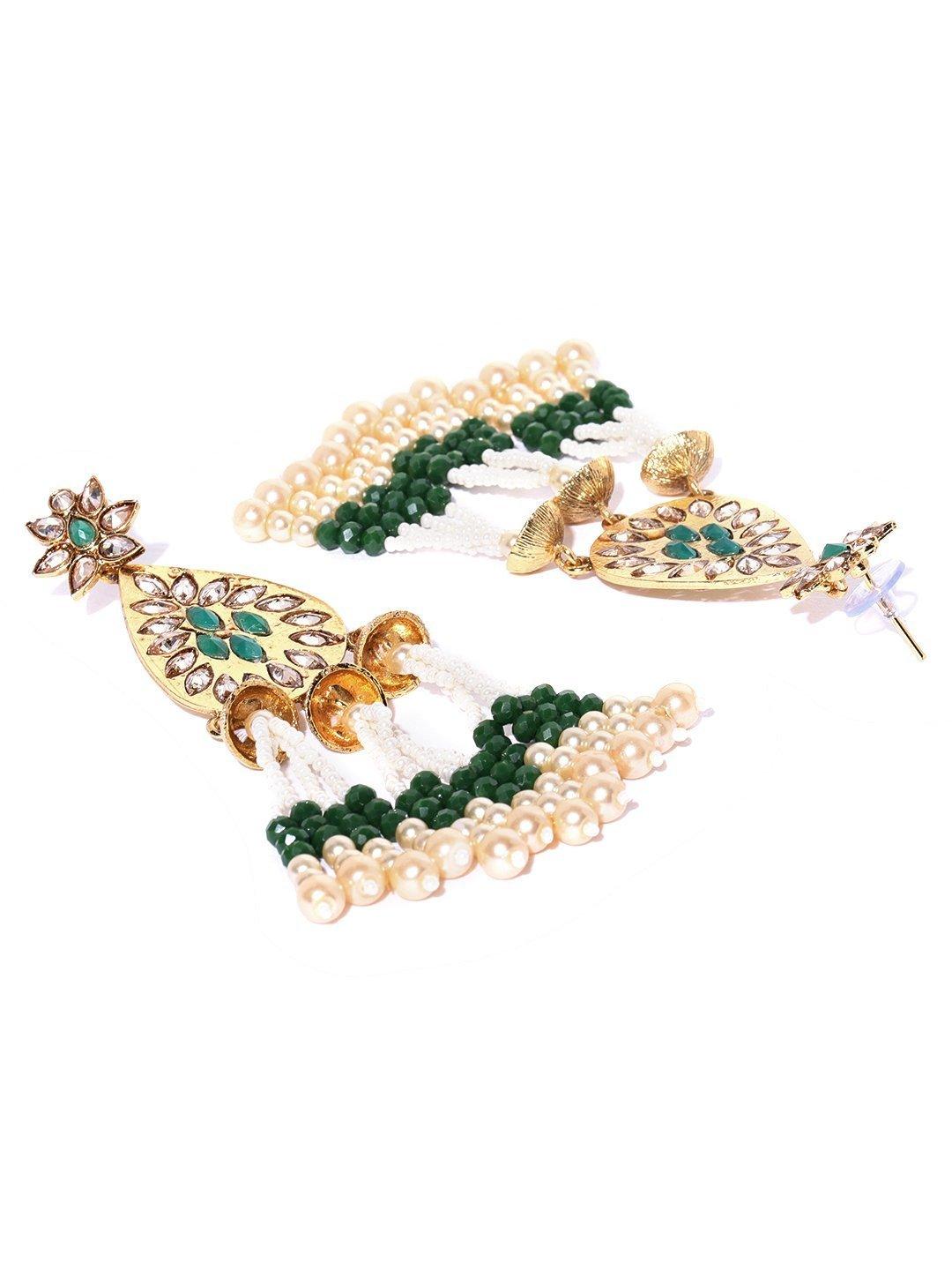 Women's Gold-Plated Stones Studded Beaded Tassel Earrings In Green Color - Priyaasi - Indiakreations