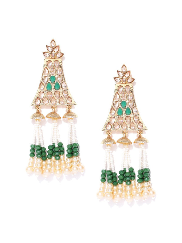 Women's Gold-Plated Stones Studded Beaded Tassel Earrings In Green Color - Priyaasi