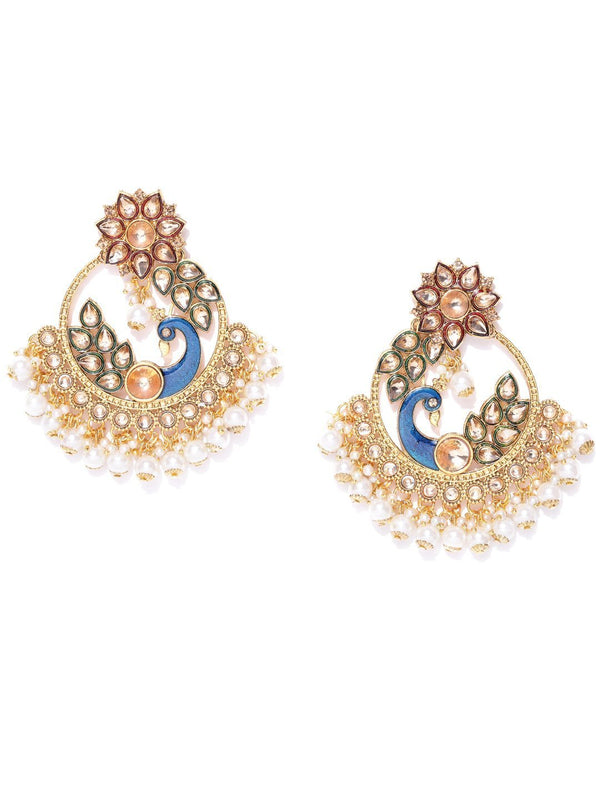 Women's Gold-Toned Peacock and Flower Shaped Big Hoop Like Drop Earrings - Priyaasi