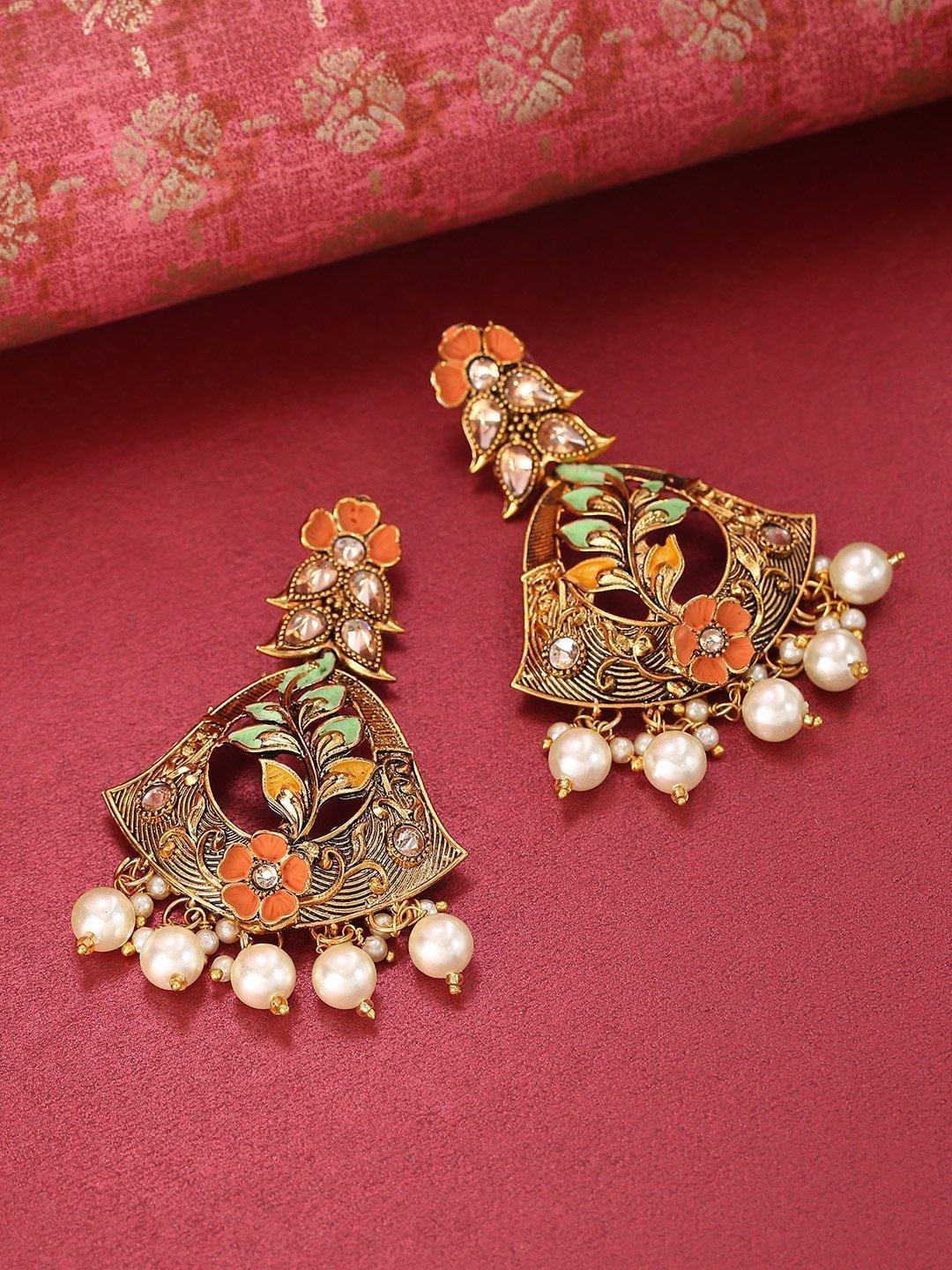 Women's Gold-Plated Stone Studded Multicolor Flower Drop Earrings - Priyaasi - Indiakreations