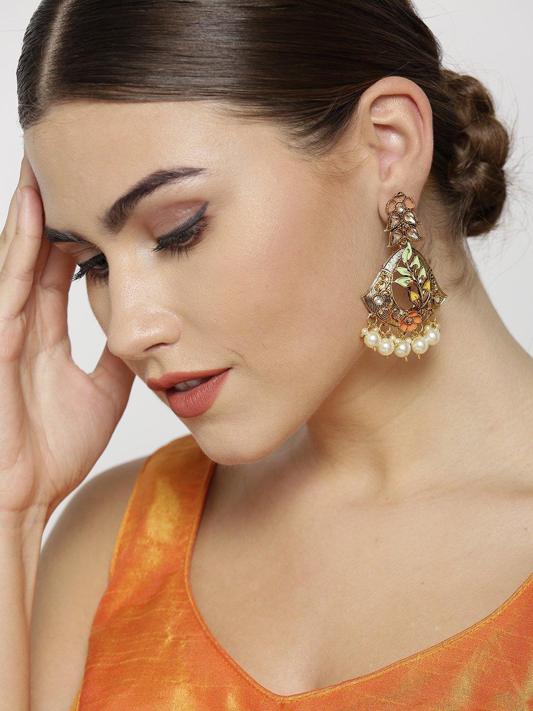 Women's Gold-Plated Stone Studded Multicolor Flower Drop Earrings - Priyaasi - Indiakreations