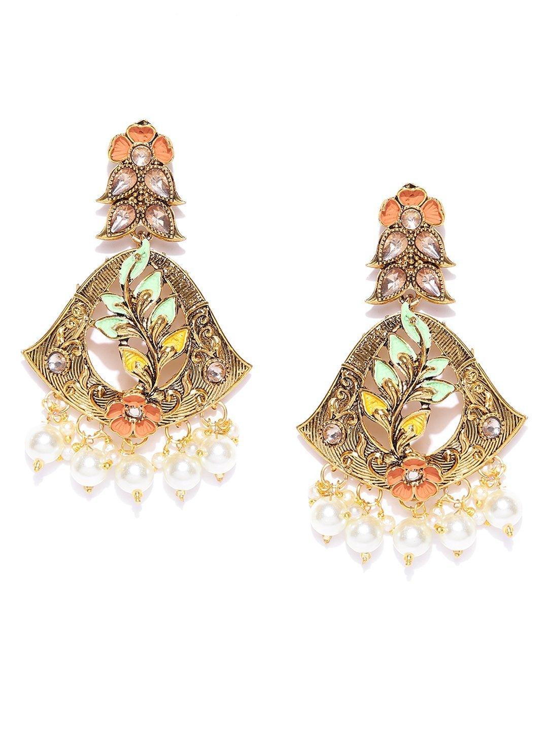 Women's Gold-Plated Stone Studded Multicolor Flower Drop Earrings - Priyaasi - Indiakreations