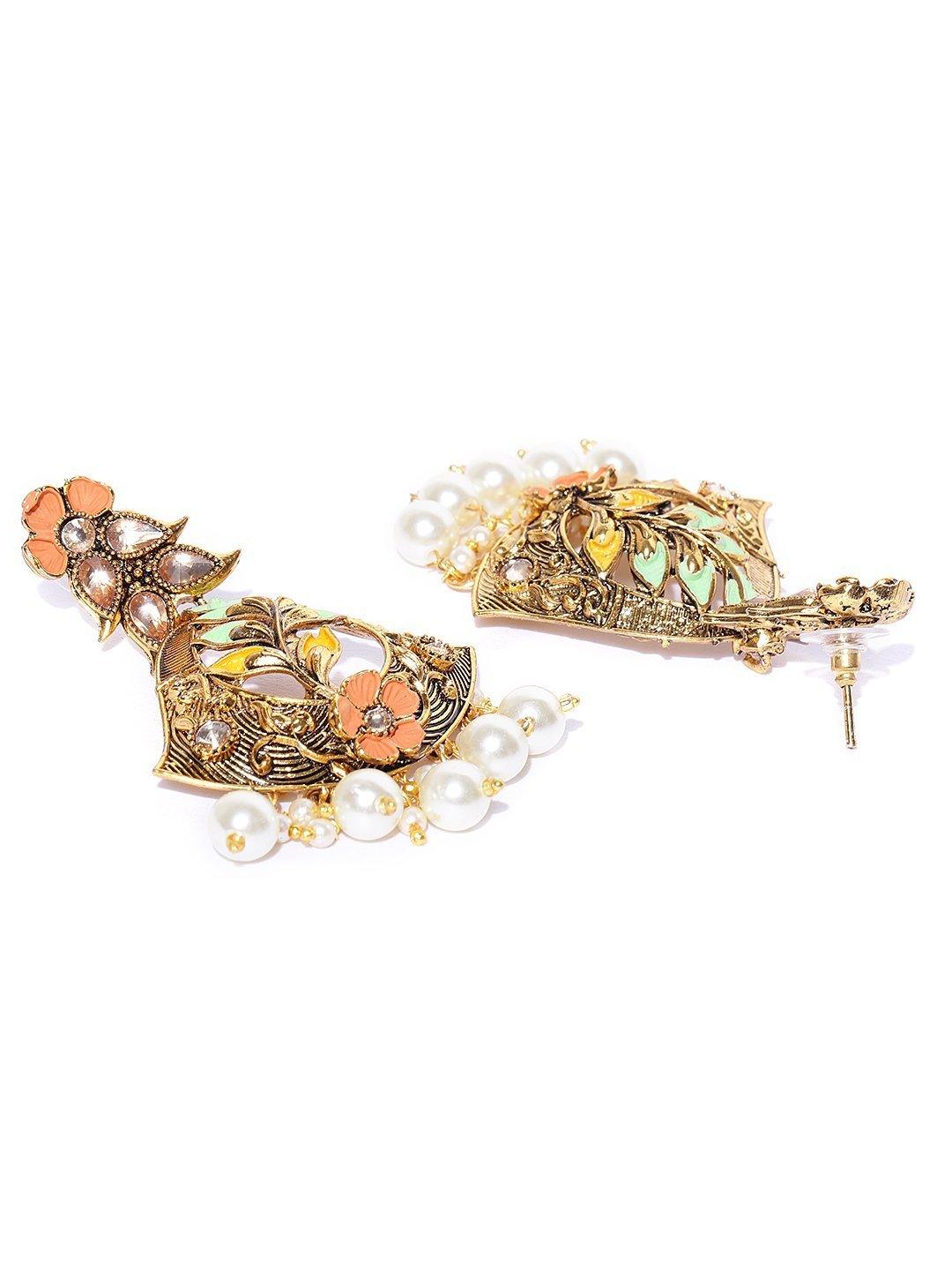 Women's Gold-Plated Stone Studded Multicolor Flower Drop Earrings - Priyaasi - Indiakreations