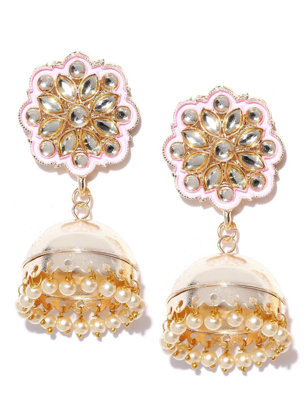 Women's Gold-Plated Kundan Studded Floral Patterned Meenakari Jhumka Earrings in Pink Color with Pearls Drop - Priyaasi