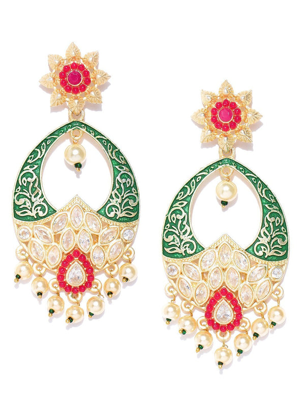 Women's Gold-Plated Red Stones Studded Meenakari Drop Earrings in Green Color - Priyaasi