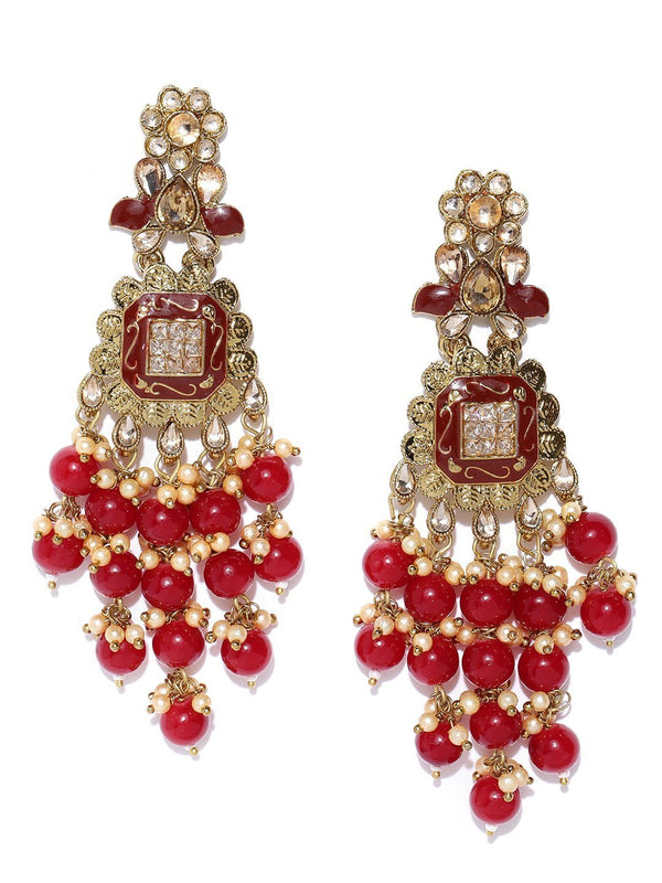 Women's Gold-Plated Stones Studded Meenakari Drop Earrings with Beads Drop in Maroon Color - Priyaasi