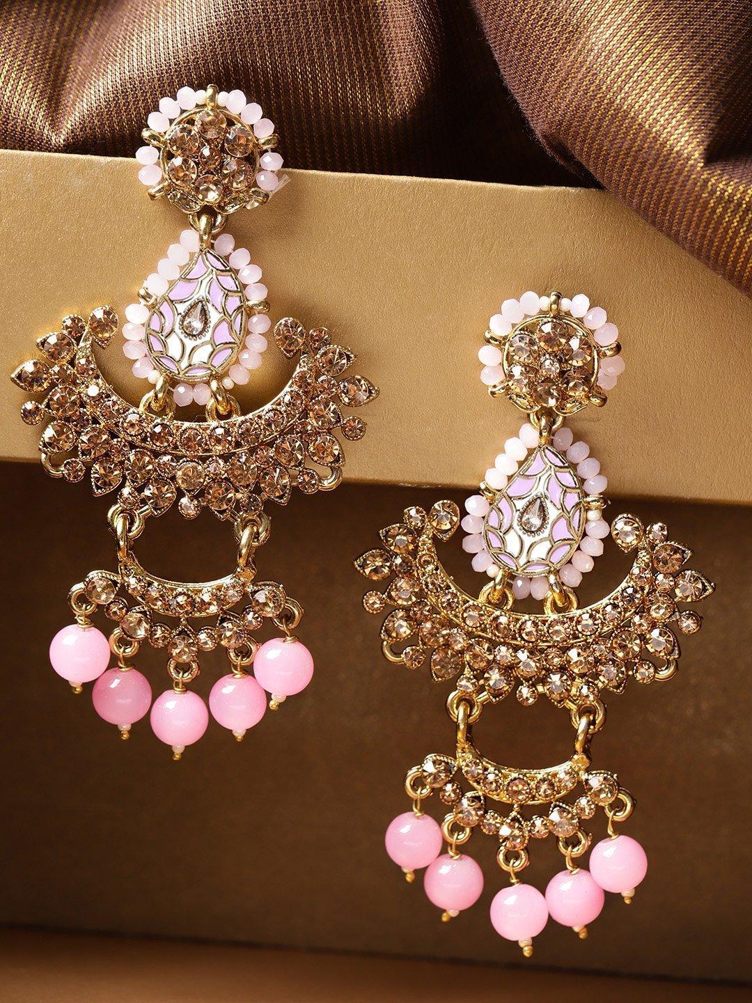 Women's Gold-Plated Stone-Studded Light Pink Beaded Chandbalis Drop Earrings - Priyaasi - Indiakreations