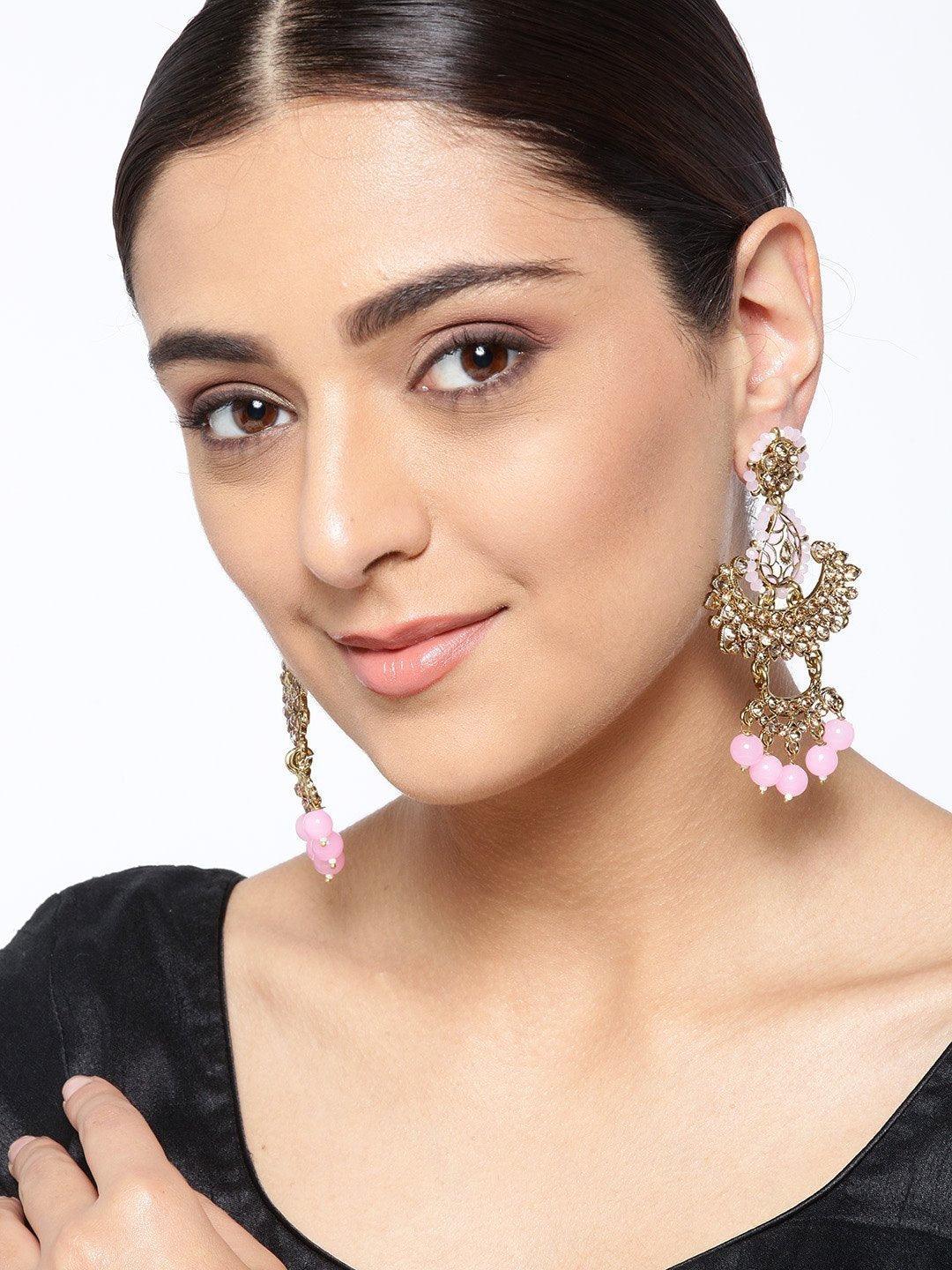 Women's Gold-Plated Stone-Studded Light Pink Beaded Chandbalis Drop Earrings - Priyaasi - Indiakreations