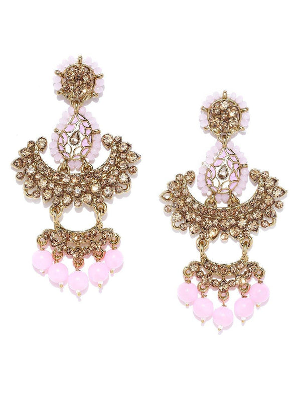 Women's Gold-Plated Stone-Studded Light Pink Beaded Chandbalis Drop Earrings - Priyaasi - Indiakreations