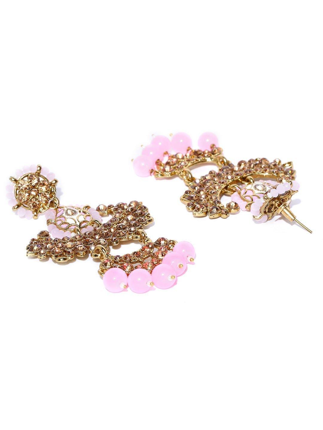 Women's Gold-Plated Stone-Studded Light Pink Beaded Chandbalis Drop Earrings - Priyaasi - Indiakreations