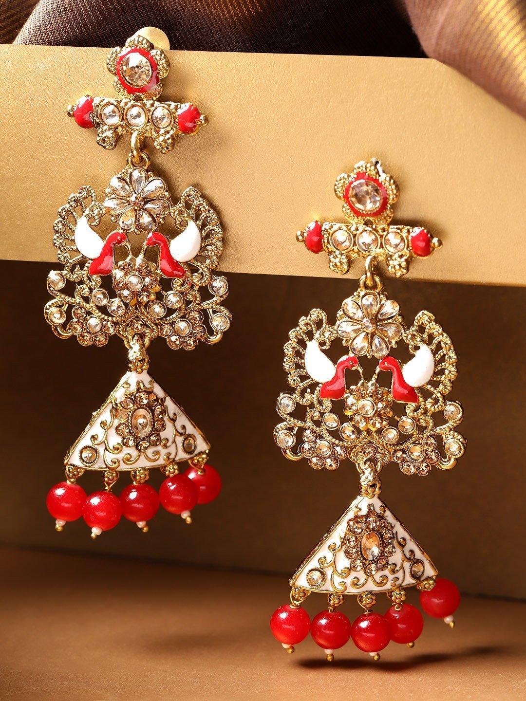 Women's Gold-Plated Stones Studded Peacock Inspired Meenakari Drop Earrings with Red Beads Drop - Priyaasi - Indiakreations