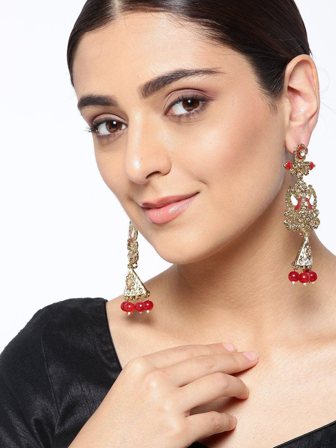 Women's Gold-Plated Stones Studded Peacock Inspired Meenakari Drop Earrings with Red Beads Drop - Priyaasi - Indiakreations