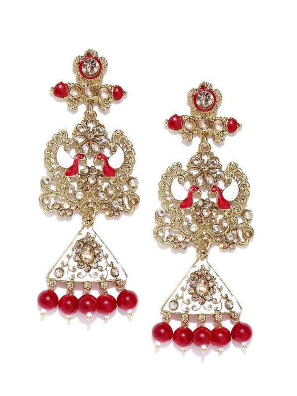 Women's Gold-Plated Stones Studded Peacock Inspired Meenakari Drop Earrings with Red Beads Drop - Priyaasi - Indiakreations