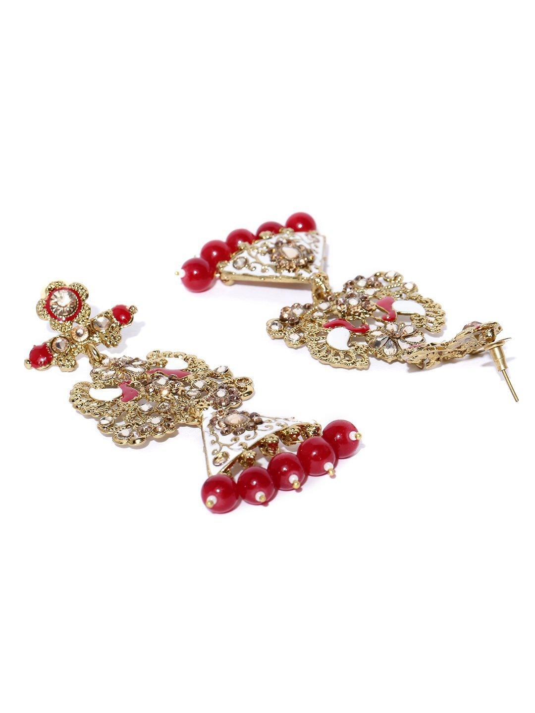 Women's Gold-Plated Stones Studded Peacock Inspired Meenakari Drop Earrings with Red Beads Drop - Priyaasi - Indiakreations