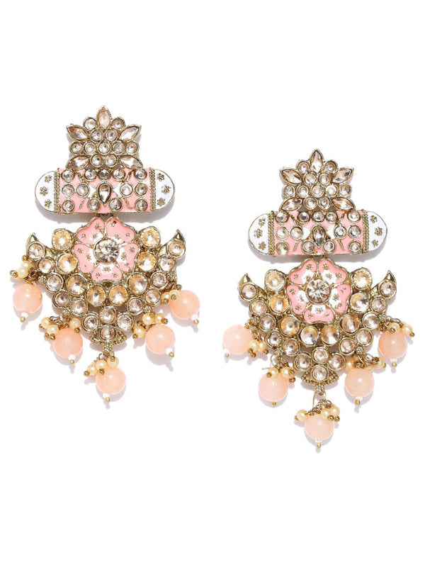 Women's Gold-Plated Stone Studded Meenakari Earrings with Beads Drop in Peach Color - Priyaasi