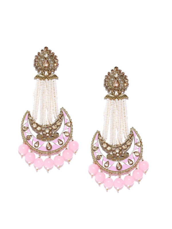 Women's Gold-Plated Stones Studded Chandbalis Earrings with Meenakari In Pink And White Color - Priyaasi