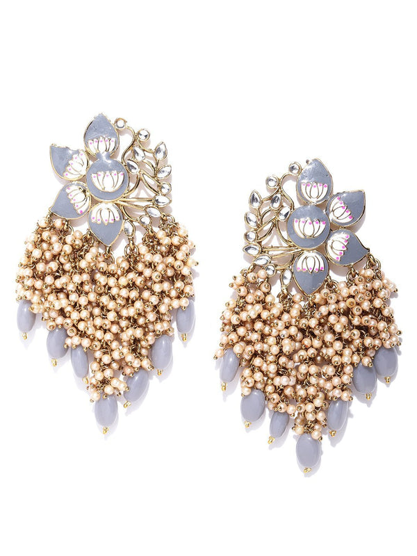 Women's Gold-Plated Kundan Studded, Grey Meenakari Earrings In Floral Pattern - Priyaasi