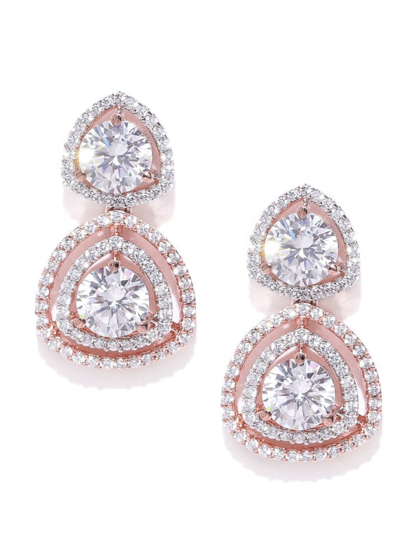 Women's Rose Gold-Plated American Diamond Studded Drop Earrings - Priyaasi