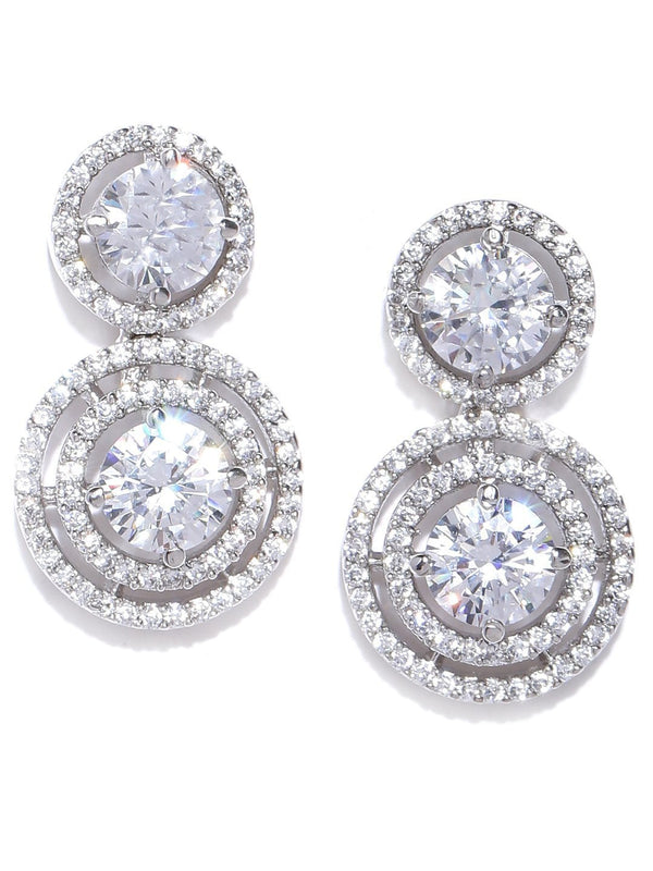 Women's Rhodium-Plated American Diamond Studded Circular Drop Earrings - Priyaasi