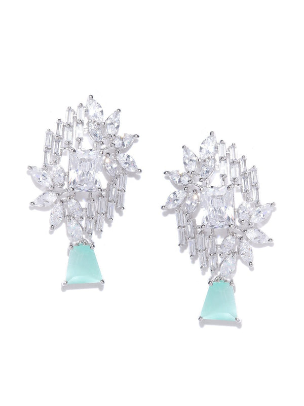 Women's Rhodium-Plated American Diamond and Sea Green Stone Studded Drop Earrings - Priyaasi