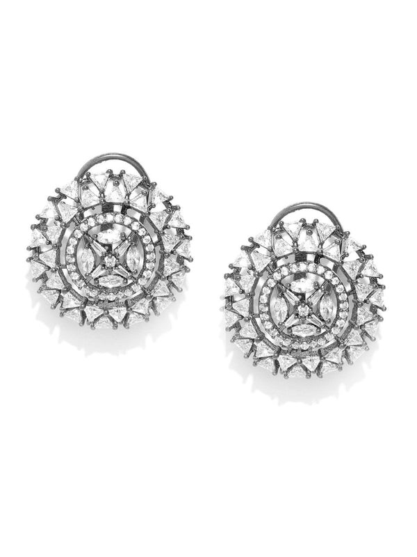 Women's Oxidised Silver Plated Geometric Shape AD Studded Circular Drop Earrings - Priyaasi