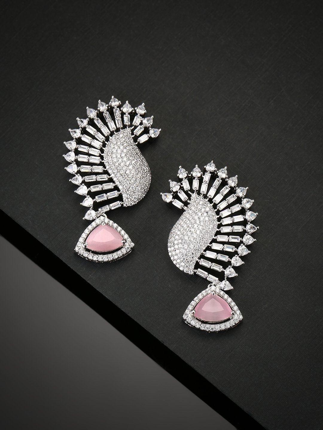 Women's Rhodium-Plated American Diamond and Pink Stone Studded Drop Earrings - Priyaasi - Indiakreations