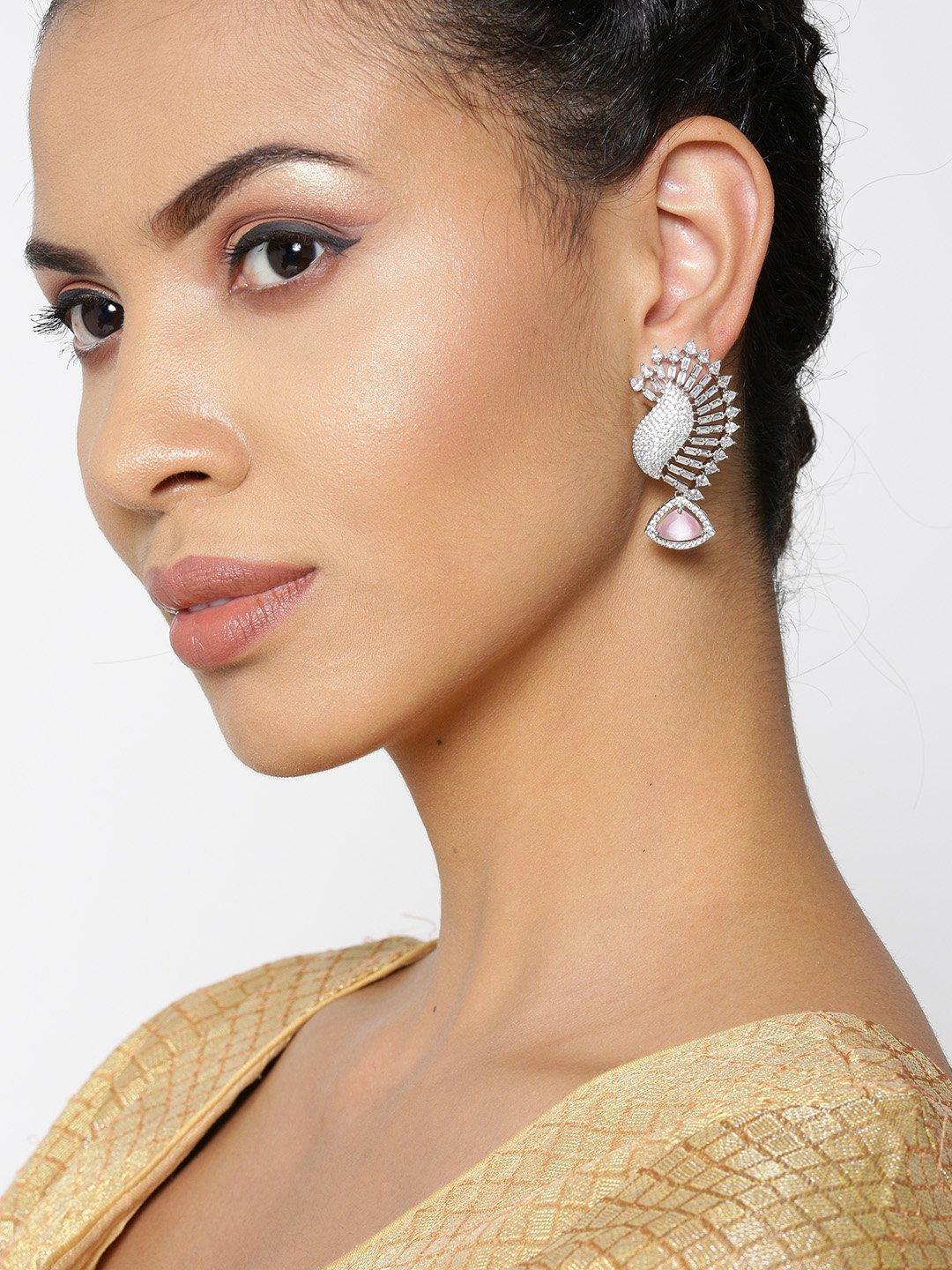 Women's Rhodium-Plated American Diamond and Pink Stone Studded Drop Earrings - Priyaasi - Indiakreations