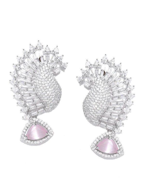 Women's Rhodium-Plated American Diamond and Pink Stone Studded Drop Earrings - Priyaasi - Indiakreations